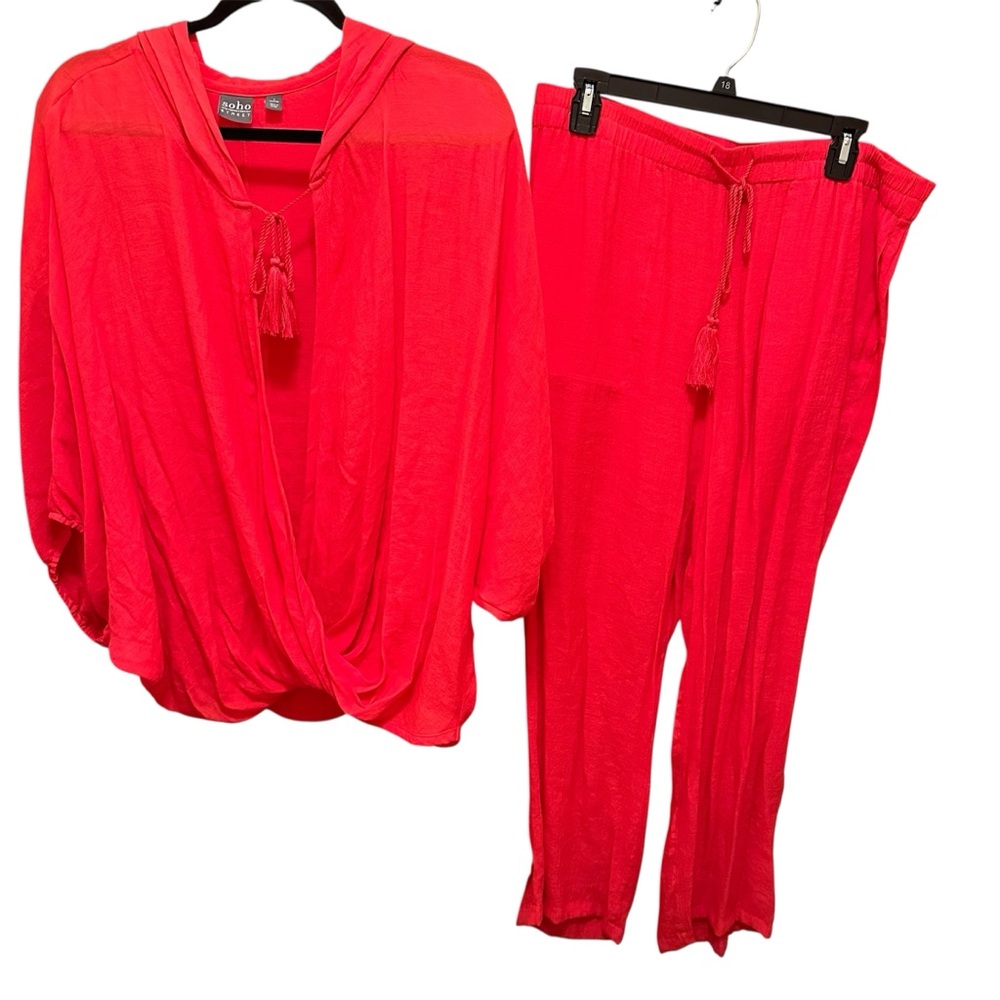 Bold Coral Hooded Tie-Front Top & Pants Set – Size L